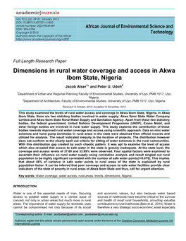 Dimensions in Rural Water Coverage and Access in Akwa Ibom State, Nigeria