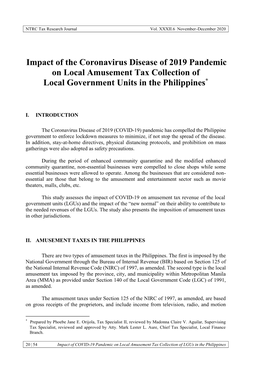 Impact of the Coronavirus Disease of 2019 Pandemic on Local Amusement Tax Collection of Local Government Units in the Philippines*