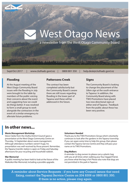 West Otago News a Newsletter from the West Otago Community Board