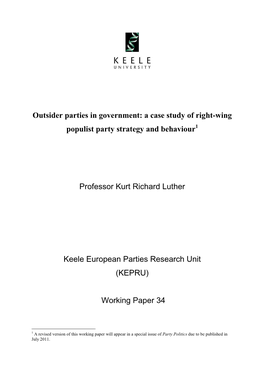 Outsider Parties in Government: a Case Study of Right-Wing Populist Party Strategy and Behaviour 1