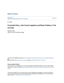 Frustrated Glory: John Francis Appleton and Black Soldiers in the Civil War