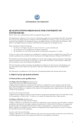 QUALIFICATIONS ORDINANCE for UNIVERSITY of GOTHENBURG Dnr GU 2021/138, Confirmed 26 June 2007, Last Updated 12 January 2021
