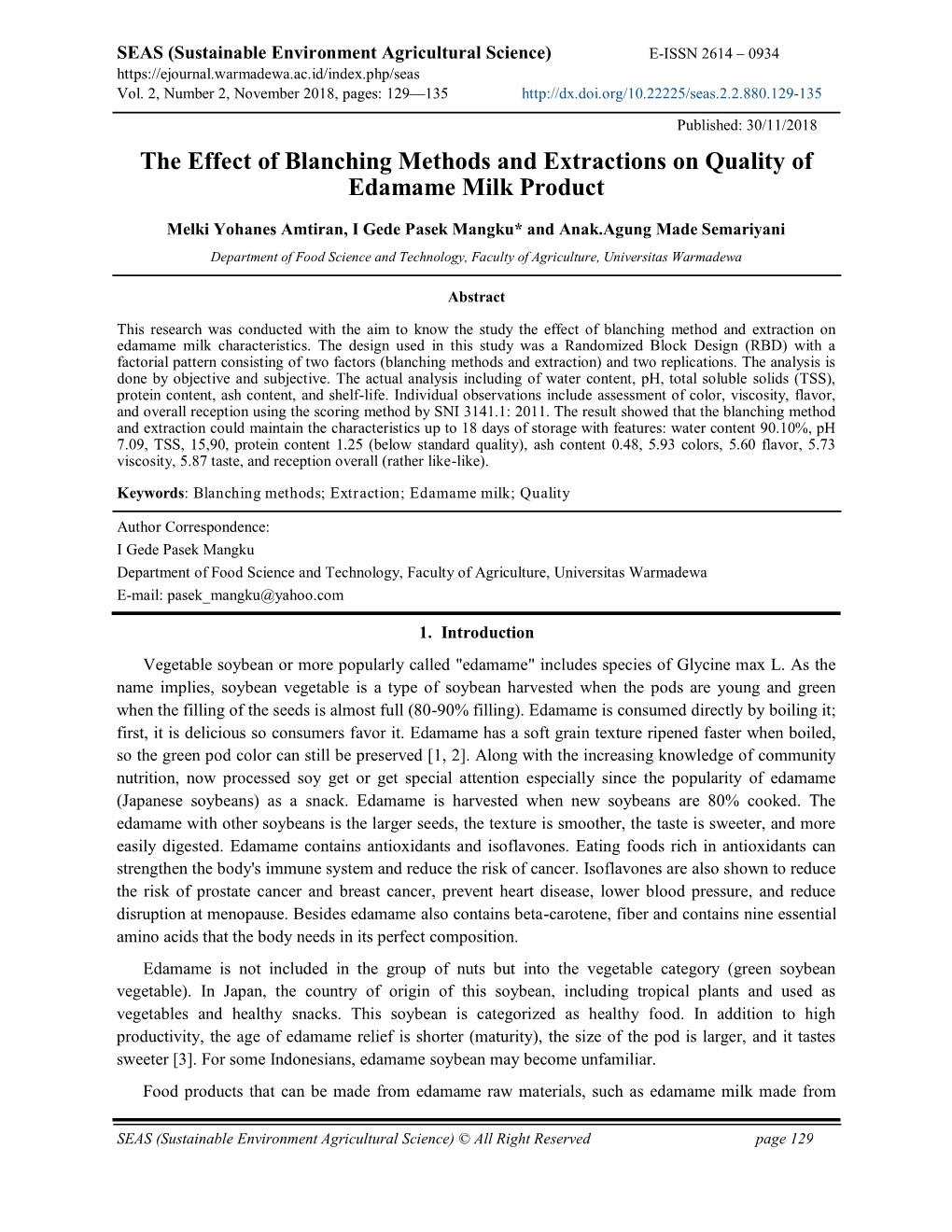 The Effect of Blanching Methods and Extractions on Quality of Edamame Milk Product
