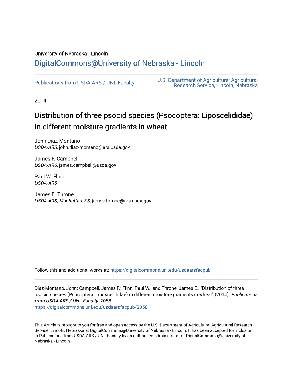 Psocoptera: Liposcelididae) in Different Moisture Gradients in Wheat