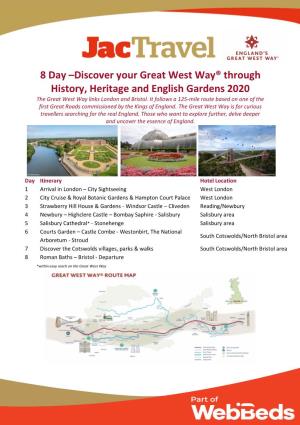 8 Day –Discover Your Great West Way® Through History, Heritage and English Gardens 2020 the Great West Way Links London and Bristol