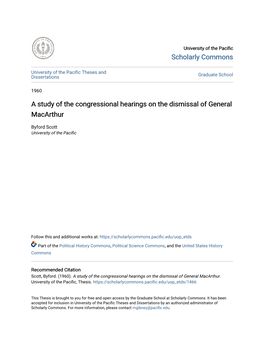 A Study of the Congressional Hearings on the Dismissal of General Macarthur