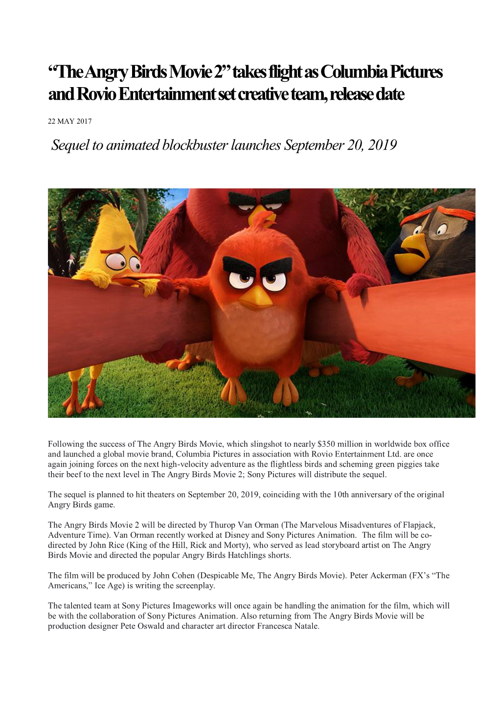 “The Angry Birds Movie 2” Takes Flight As Columbia Pictures and Rovio Entertainment Set Creative Team, Release Date