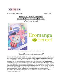 Aniplex of America Announces Blu-Ray Release of Smash Hit Anime Eromanga Sensei