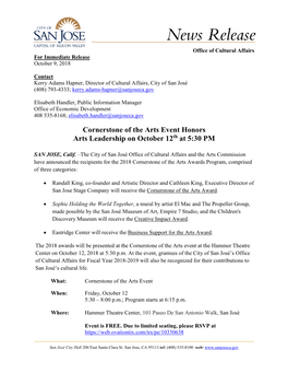 Cornerstone of the Arts Event Honors Arts Leadership on October 12Th at 5:30 PM