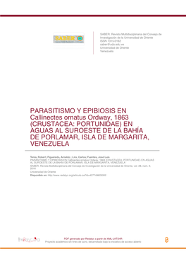 PARASITISMO Y EPIBIOSIS EN Callinectes Ornatus Ordway, 1863 (CRUSTACEA: PORTUNIDAE) EN AGUAS AL SUROESTE DE LA BAHÍA DE PORLAMAR, ISLA DE MARGARITA, VENEZUELA