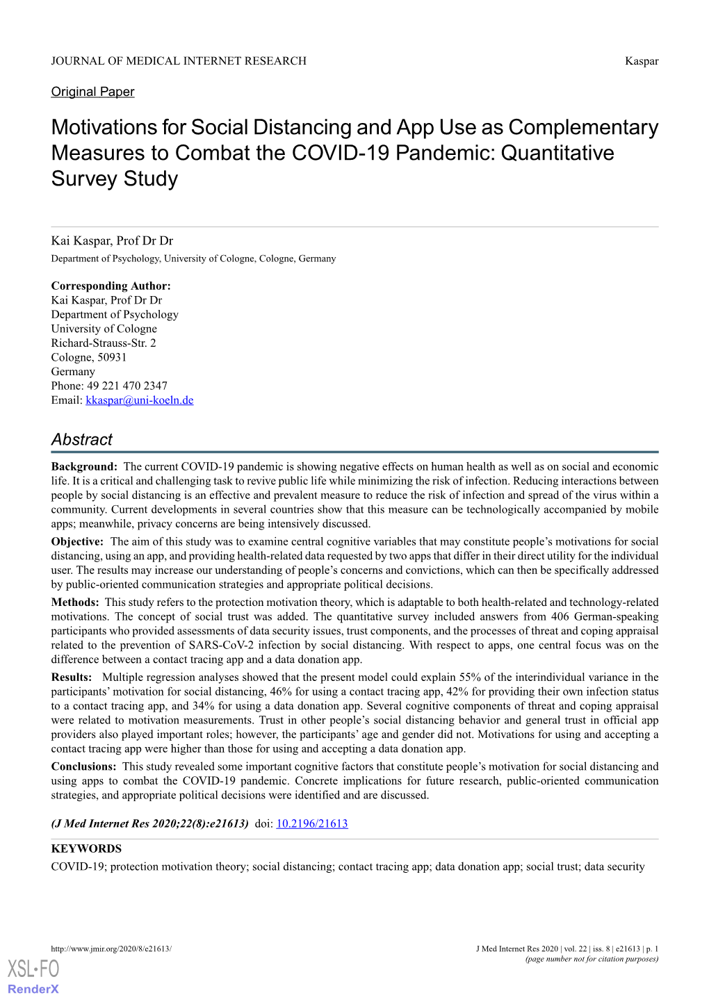 Motivations for Social Distancing and App Use As Complementary Measures to Combat the COVID-19 Pandemic: Quantitative Survey Study