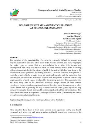 European Journal of Social Sciences Studies GOLD ORE WASTE MANAGEMENT CHALLENGES at RENCO MINE, ZIMBABWE