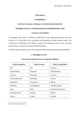 Commission List of Natural Mineral Waters Recognised