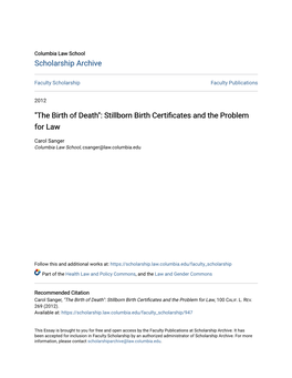 The Birth of Death": Stillborn Birth Certificates and the Problem for Law