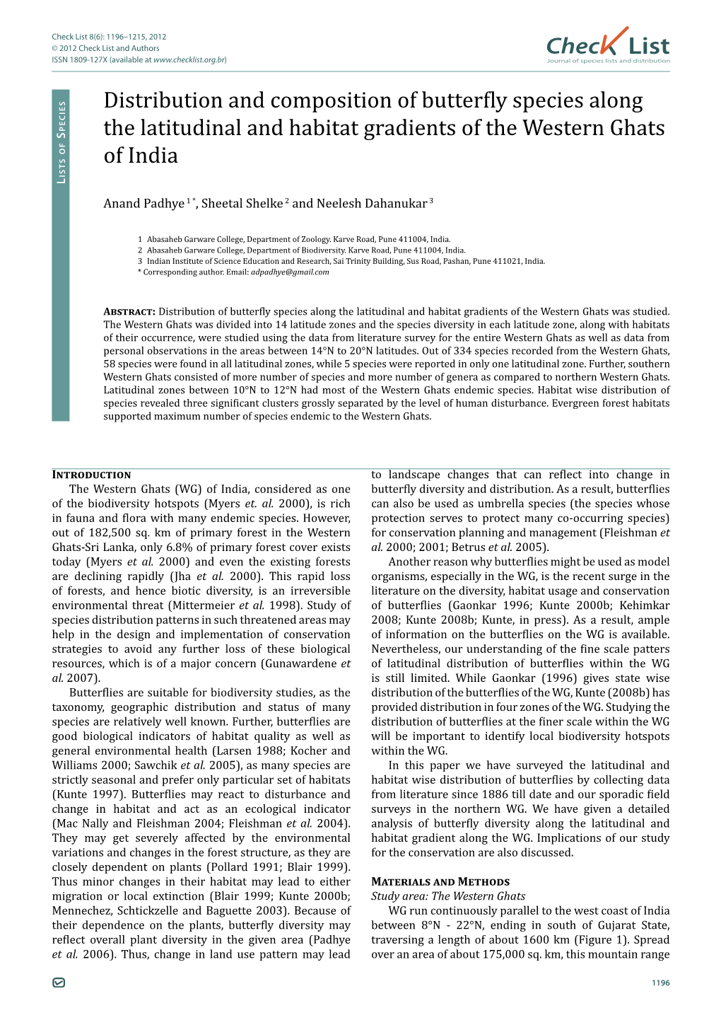 Chec List Distribution and Composition of Butterfly Species Along The