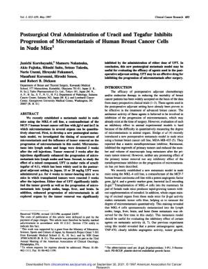 Postsurgical Oral Administration of Uracil and Tegafur Inhibits Progression of Micrometastasis of Human Breast Cancer Cells in Nude Mice1