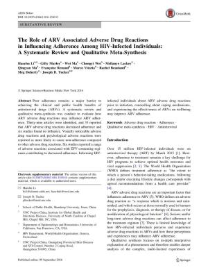 The Role of ARV Associated Adverse Drug Reactions in Influencing Adherence Among HIV-Infected Individuals