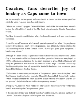 Coaches, Fans Describe Joy of Hockey As Caps Come to Town