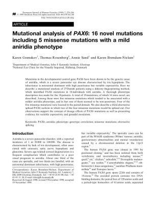 Mutational Analysis of PAX6: 16 Novel Mutations Including 5 Missense Mutations with a Mild Aniridia Phenotype