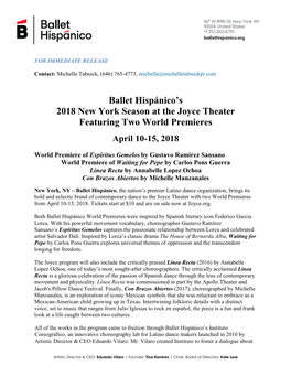 Ballet Hispánico's 2018 New York Season at the Joyce Theater Featuring Two World Premieres