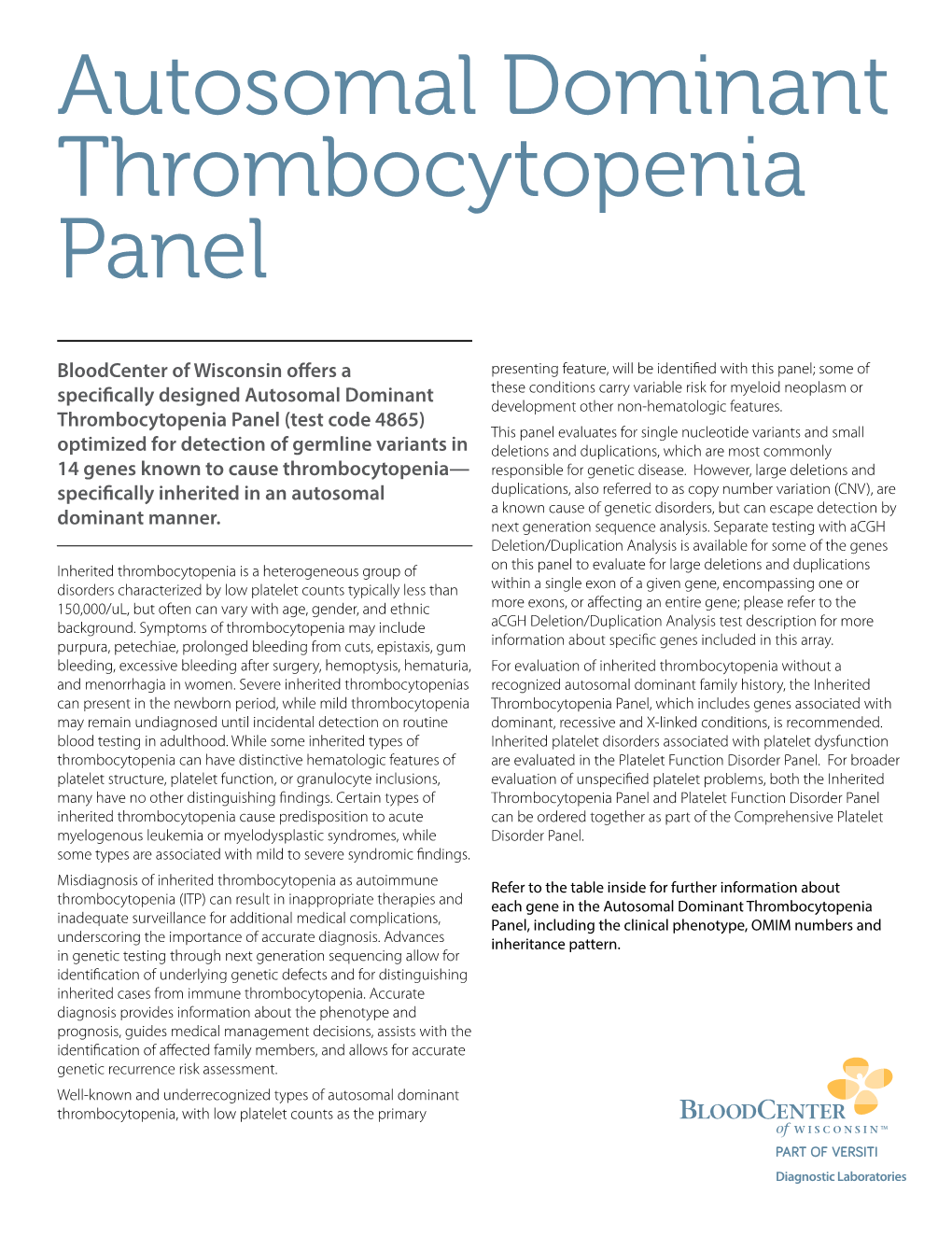 Autosomal Dominant Thrombocytopenia Panel: Gene, Clinical Phenotype, OMIM Number and Inheritance Pattern