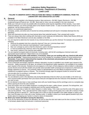 Laboratory Safety Regulations Humboldt State University • Department of Chemistry Lower Level