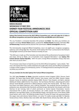 Sydney Film Festival Announces 2015 Official Competition Jury 27/05