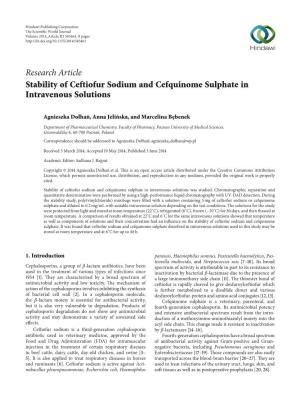 Stability of Ceftiofur Sodium and Cefquinome Sulphate in Intravenous Solutions