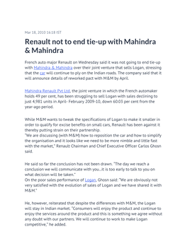 Renault Not to End Tie-Up with Mahindra & Mahindra