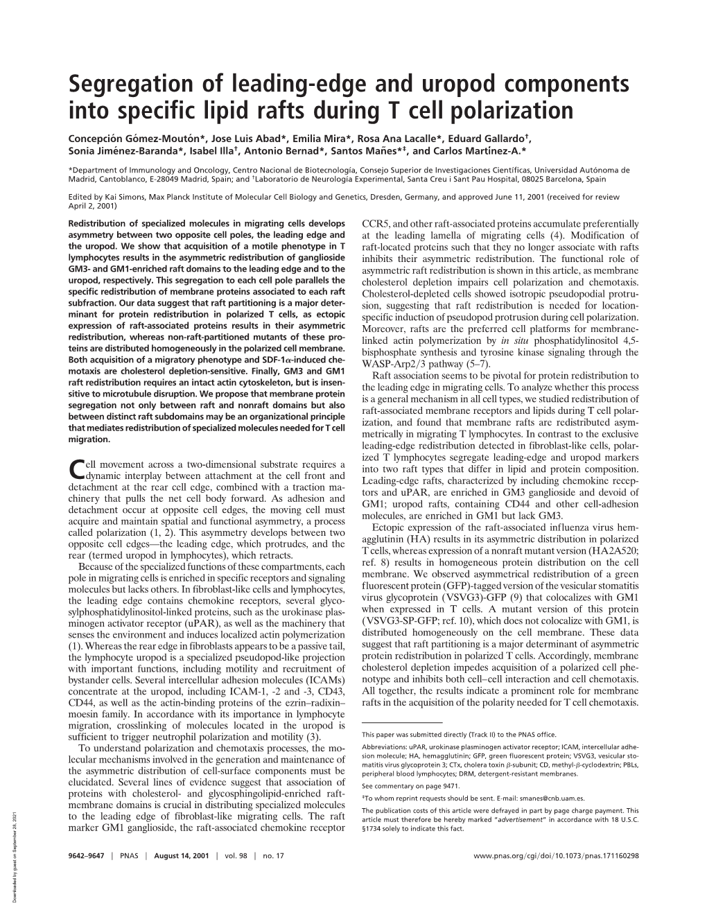 Segregation of Leading-Edge and Uropod Components Into Specific Lipid Rafts During T Cell Polarization