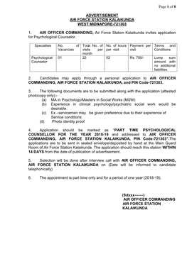 Of 8 ADVERTISEMENT AIR FORCE STATION KALAIKUNDA WEST MIDNAPORE-721303 1. AIR OFFICER COMMANDING, Air Force Station Kalai