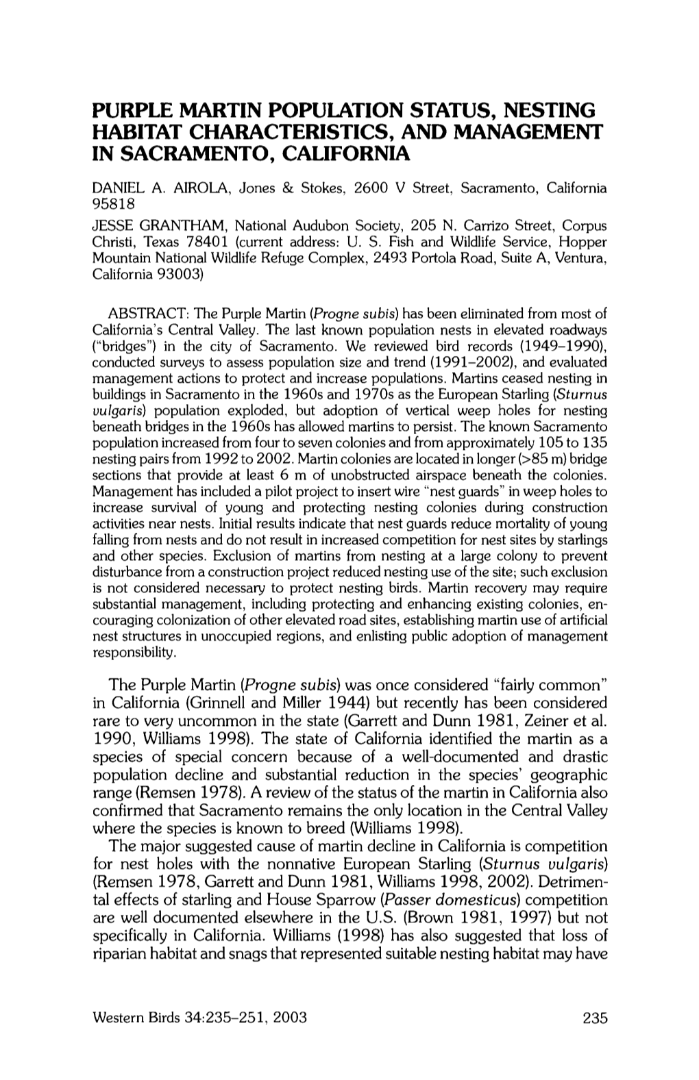 Purple Martin Population Status, Nesting Habitat Characteristics, and Management in Sacramento, California