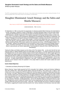 Israeli Strategy and the Sabra and Shatila Massacre Written by Adam Moscoe