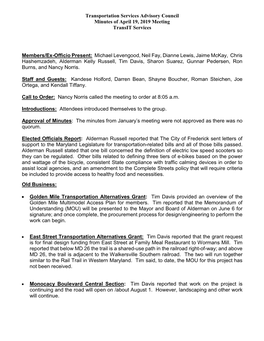 Transportation Services Advisory Council Minutes of April 19, 2019 Meeting Transit Services