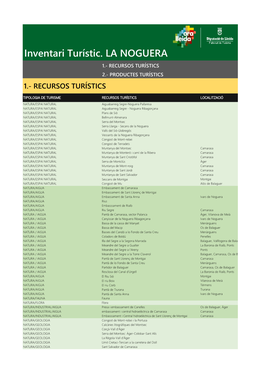 Inventari Turístic. LA NOGUERA 1.- RECURSOS TURÍSTICS 2.- PRODUCTES TURÍSTICS 1.- RECURSOS TURÍSTICS