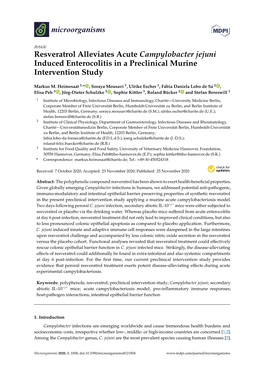 Resveratrol Alleviates Acute Campylobacter Jejuni Induced Enterocolitis in a Preclinical Murine Intervention Study