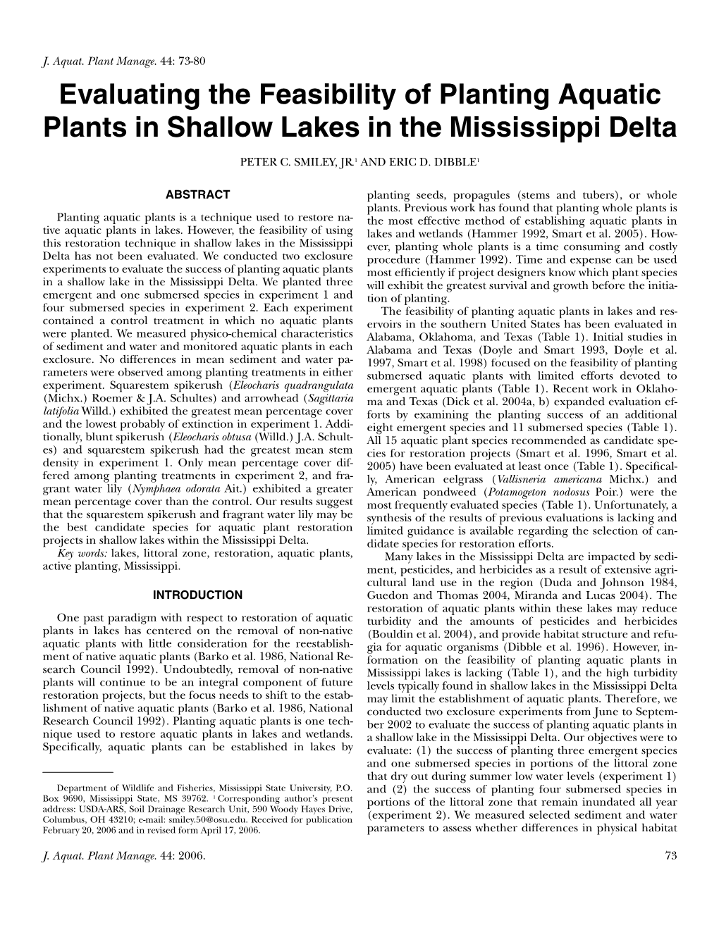 Evaluating the Feasibility of Planting Aquatic Plants in Shallow Lakes in the Mississippi Delta