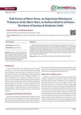 Fish Fauna of River Sewa, an Important Himalayan Tributary of the River Ravi, in Kathua District of Union Territory of Jammu & Kashmir, India