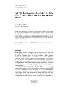 Italy-US Relations Since the End of the Cold War: Prestige, Peace, and the Transatlantic Balance