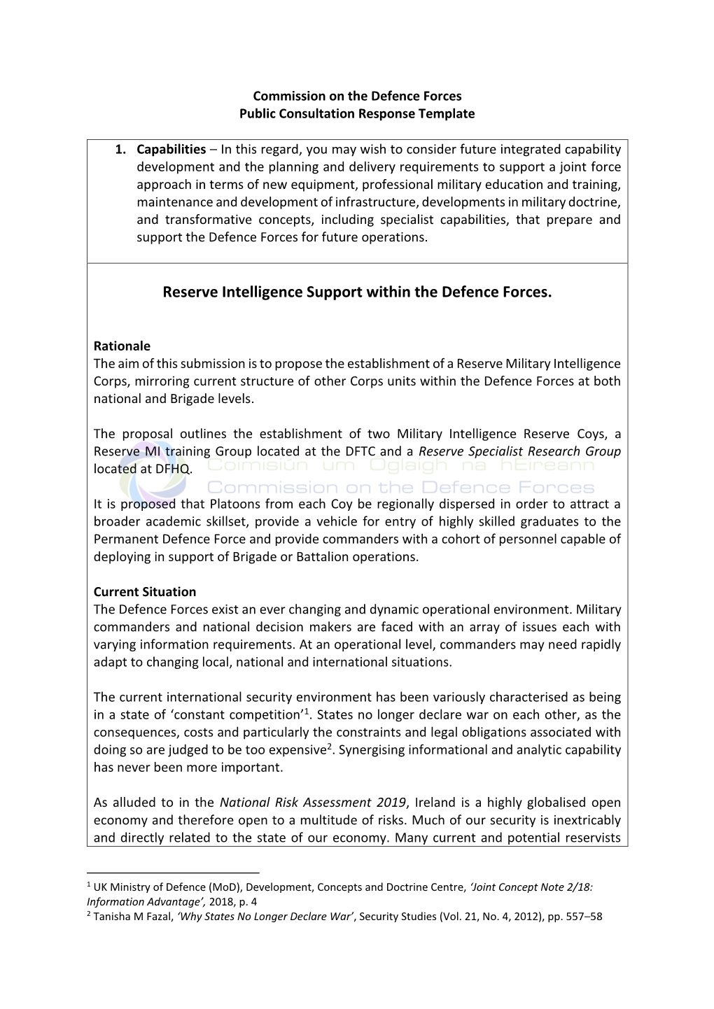Reserve Intelligence Support Within the Defence Forces