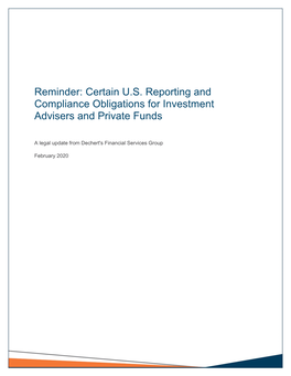Reminder: Certain U.S. Reporting and Compliance Obligations for Investment Advisers and Private Funds