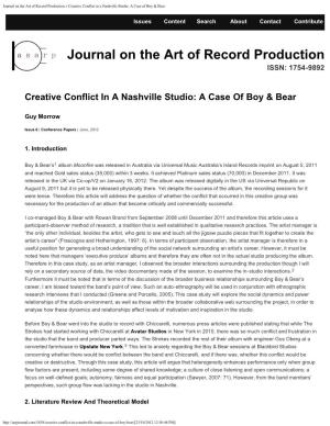 Journal on the Art of Record Production » Creative Conflict in a Nashville Studio: a Case of Boy & Bear