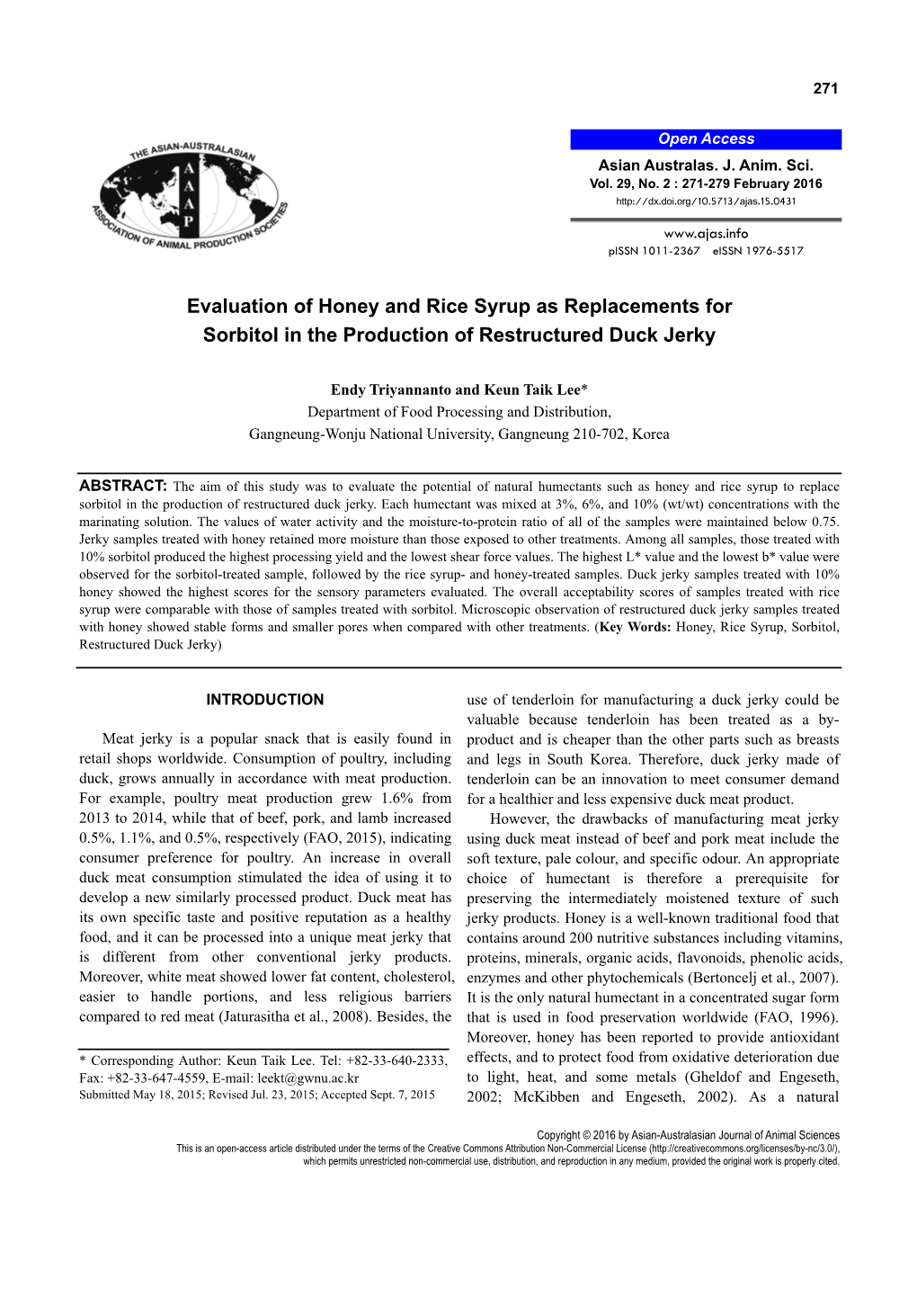Evaluation of Honey and Rice Syrup As Replacements for Sorbitol in the Production of Restructured Duck Jerky