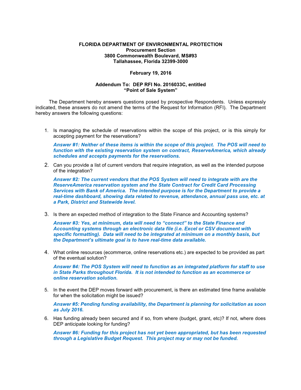 FLORIDA DEPARTMENT of ENVIRONMENTAL PROTECTION Procurement Section 3800 Commonwealth Boulevard, MS#93 Tallahassee, Florida 32399-3000