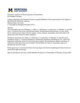 Descriptive Analysis of Montana Species of Amaranthus by Paungpen Sirirugsa a Thesis Submitted to the Graduate Faculty in Partia