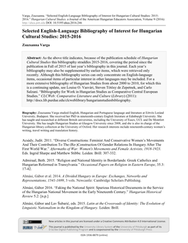 Selected English-Language Bibliography of Interest for Hungarian Cultural Studies: 2015- 2016.” Hungarian Cultural Studies