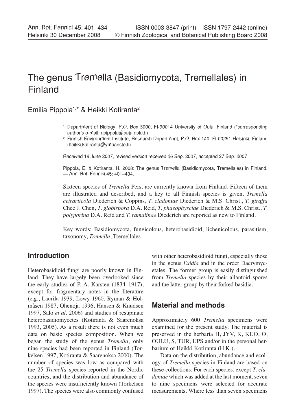 The Genus Tremella (Basidiomycota, Tremellales) in Finland