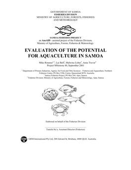 Evaluation of the Potential for Aquaculture in Samoa