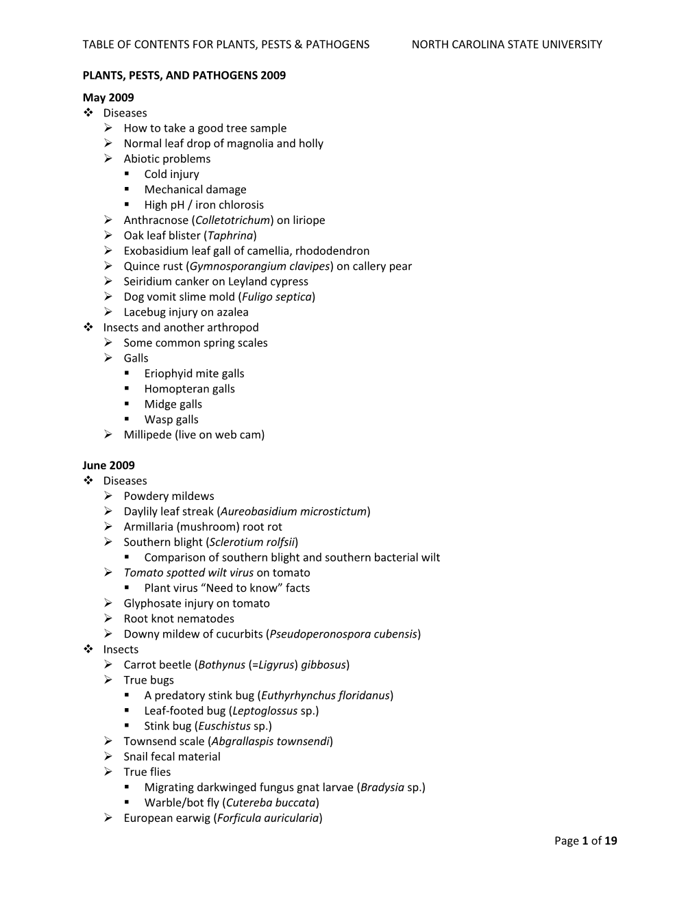 Table of Contents for Plants, Pests & Pathogens North Carolina State University