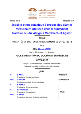 Enquête Ethnobotanique À Propos Des Plantes Médicinales Utilisées Dans Le Traitement Traditionnel Du Vitiligo À Marrakech Et Agadir